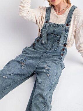 Easel Washed Denim Loose Fit Overalls